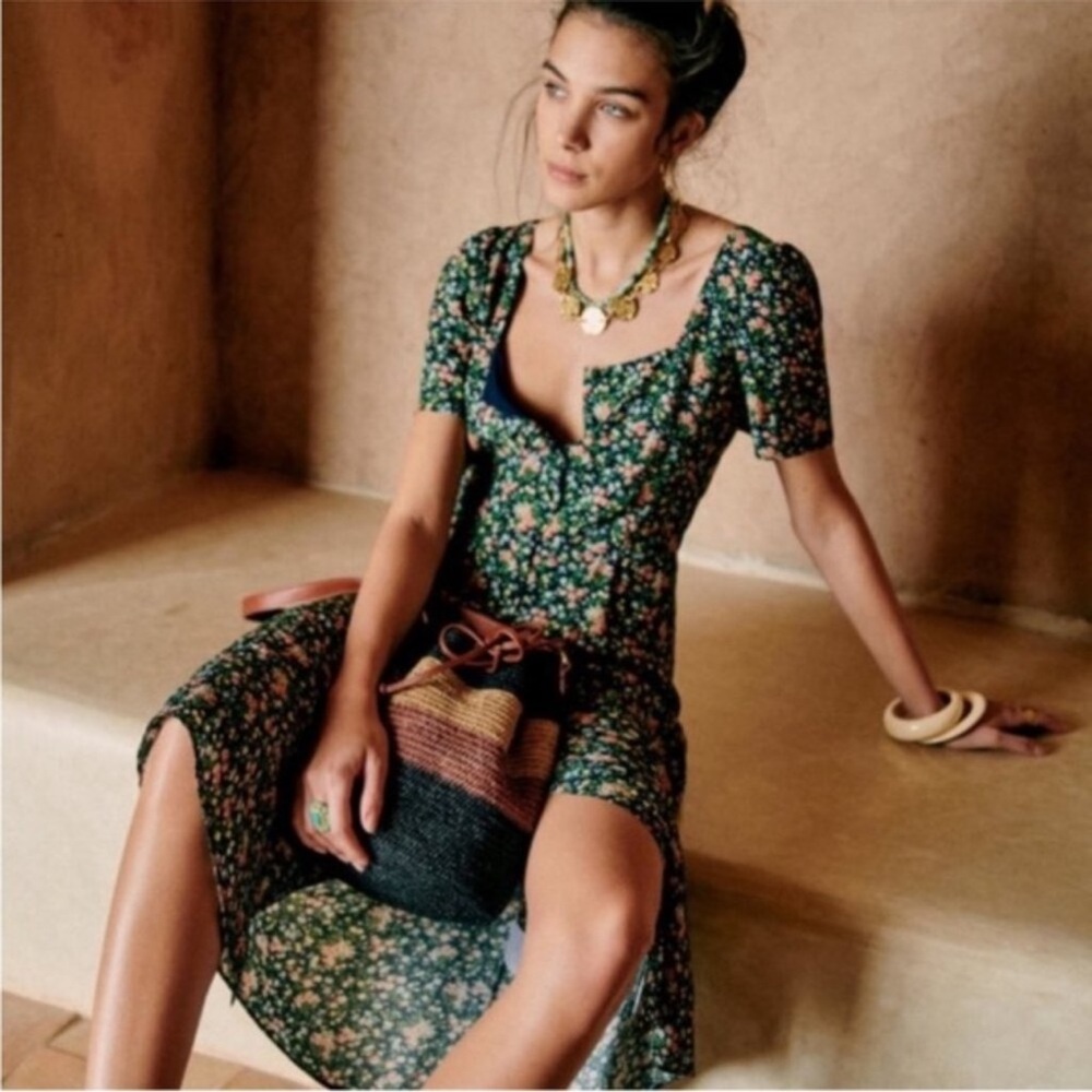 Sezane Green Floral Midi Dress